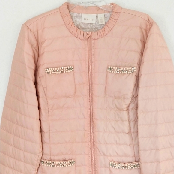 CHICO Jacket Top Quilt Light Dusty Pink Bead Rhinestone Regency Core Size Large - Picture 1 of 14